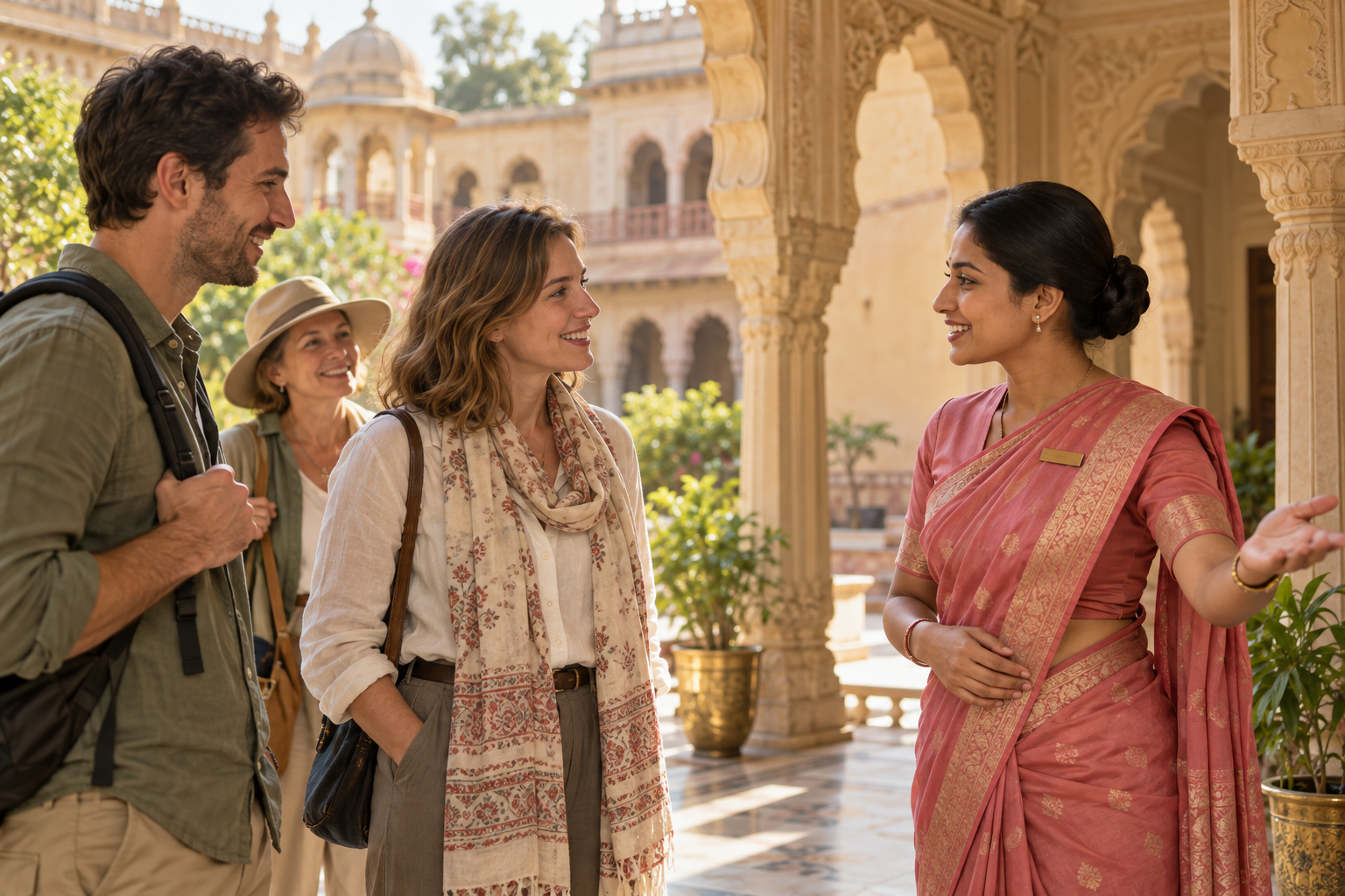 International travellers welcomed in an Indian heritage courtyard